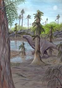 Stromovit kapradina Tempskya a Iguanodon (olej na kartonu A4) D.Berger